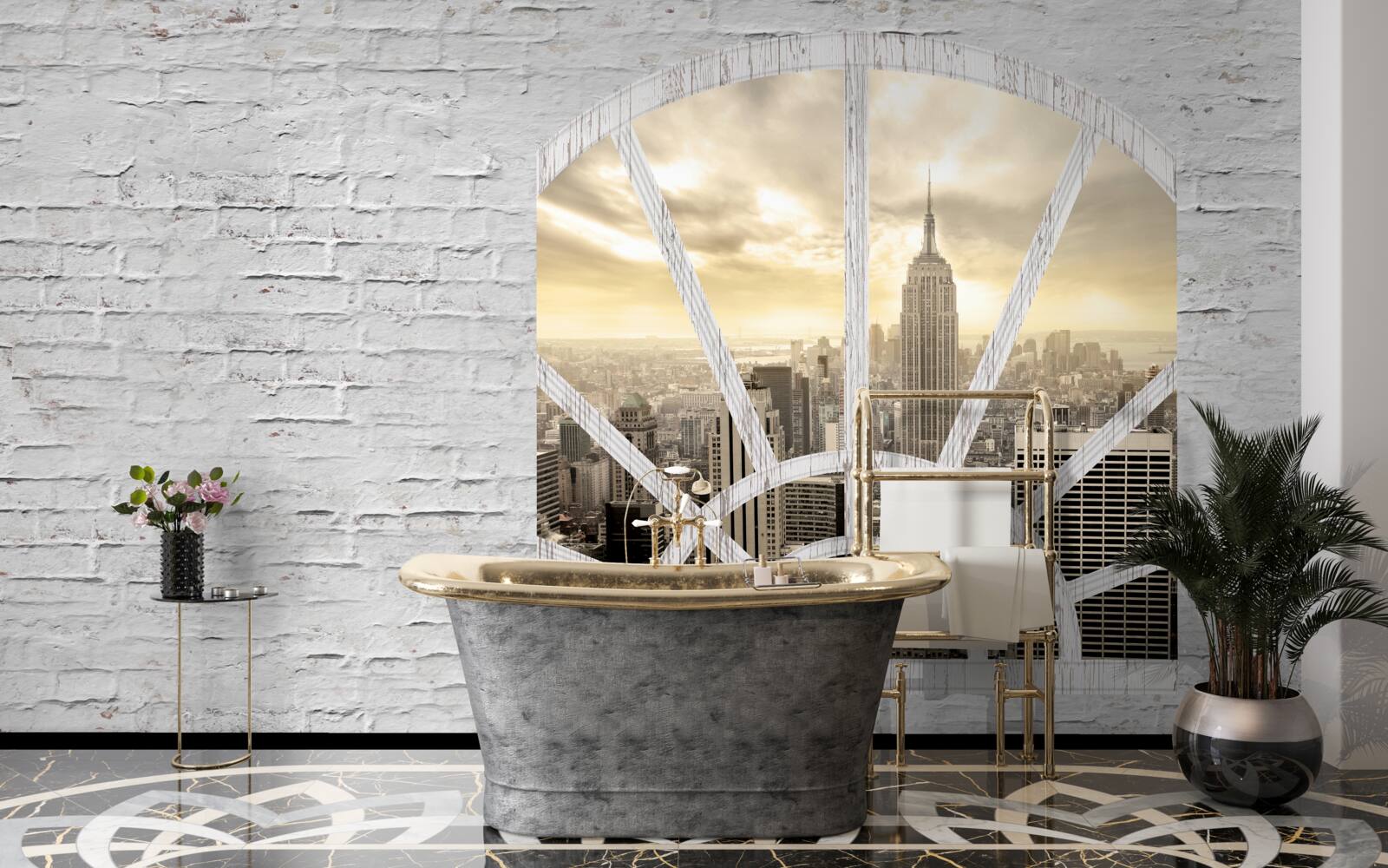 Fototapet o fereastră panoramică într-un zid de cărămidă care oferă priveliști ale orașului new york