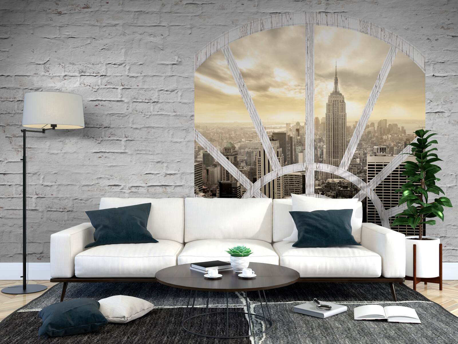 Fototapet o fereastră panoramică într-un zid de cărămidă care oferă priveliști ale orașului new york