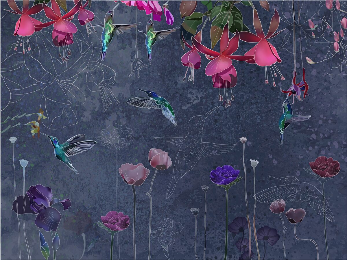 Fototapet flori și colibri