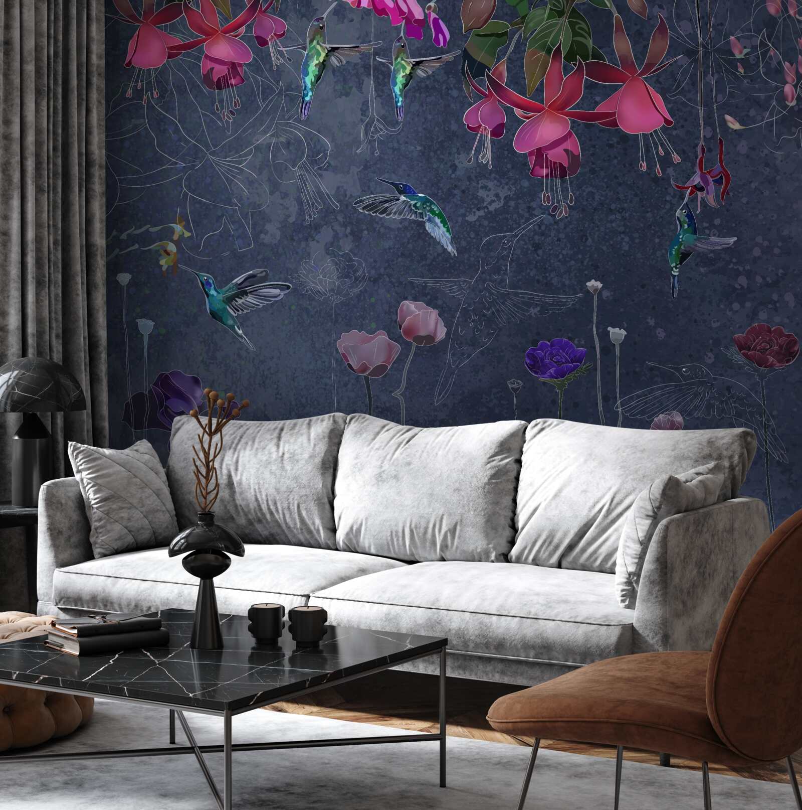 Fototapet flori și colibri