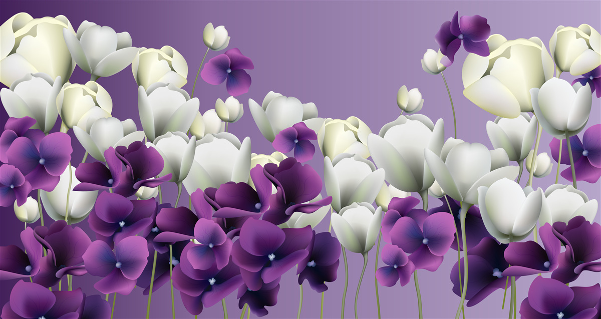 Fototapet flori albe și violete