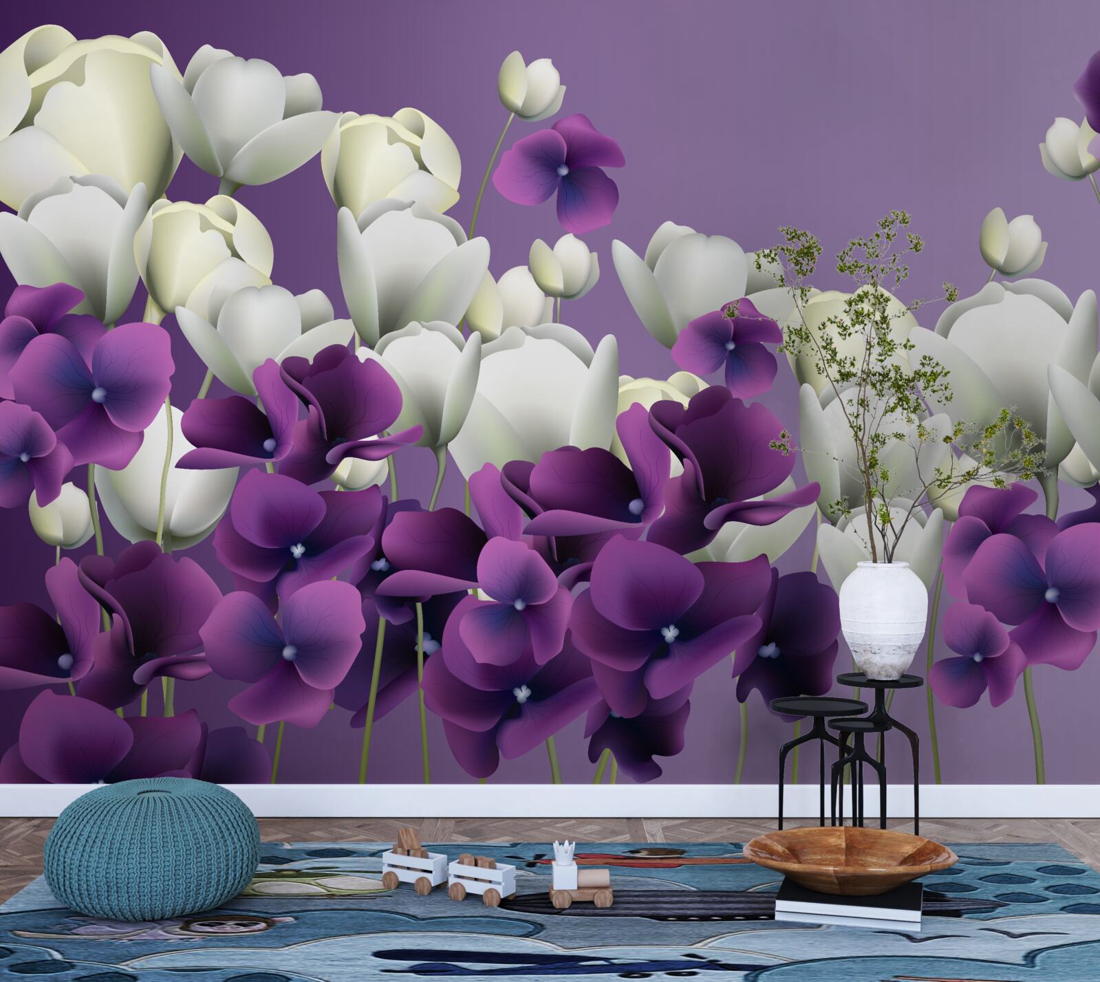 Fototapet flori albe și violete