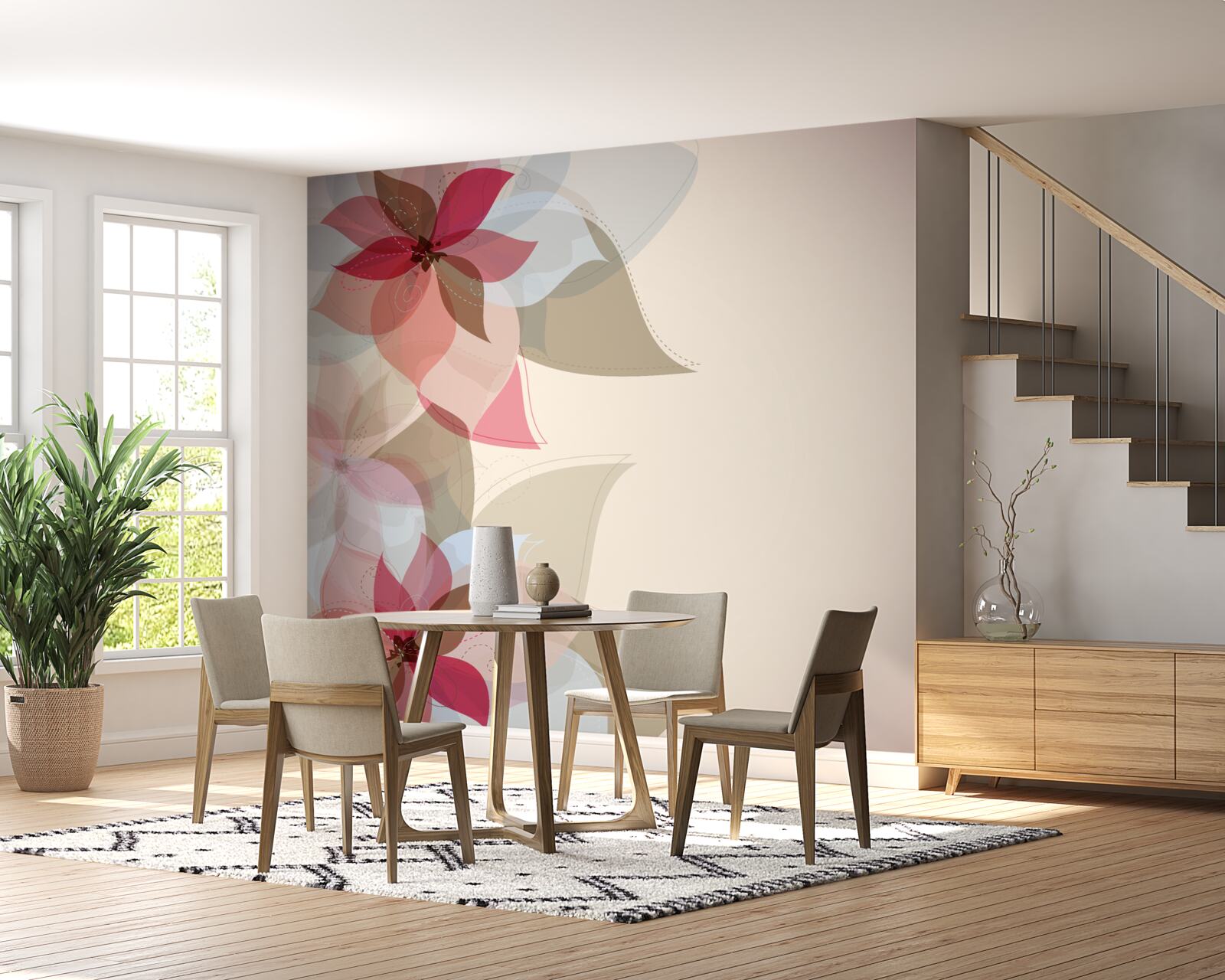 Fototapet pictură abstractă formată din flori și frunze roșii