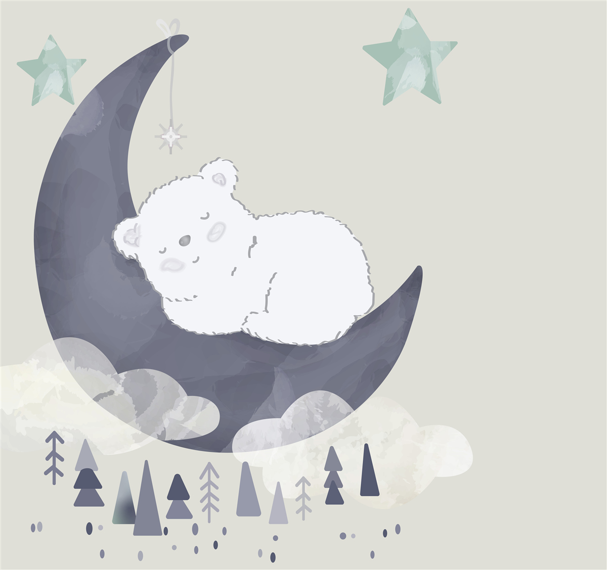 Fototapet micul urs polar trage un pui de somn pe lună