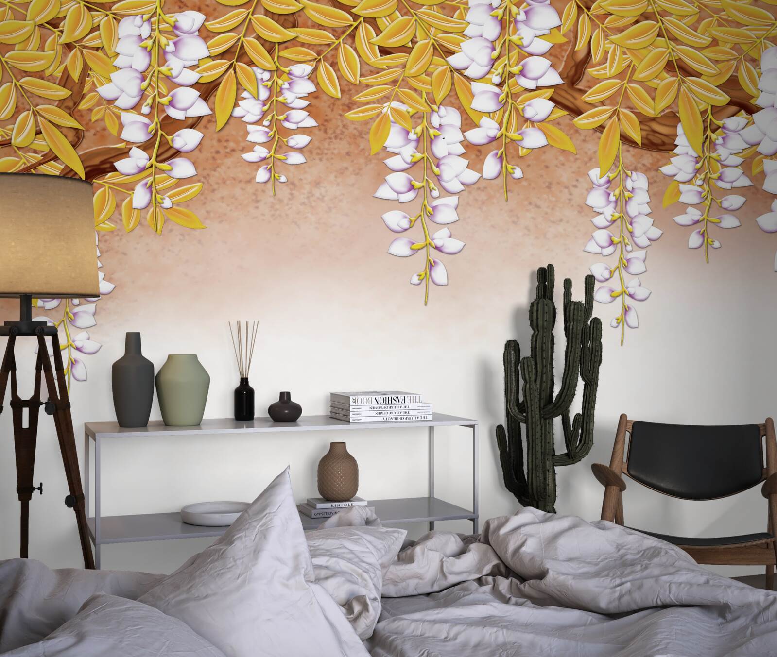 Fototapet reflecție de frunze galbene și flori albe