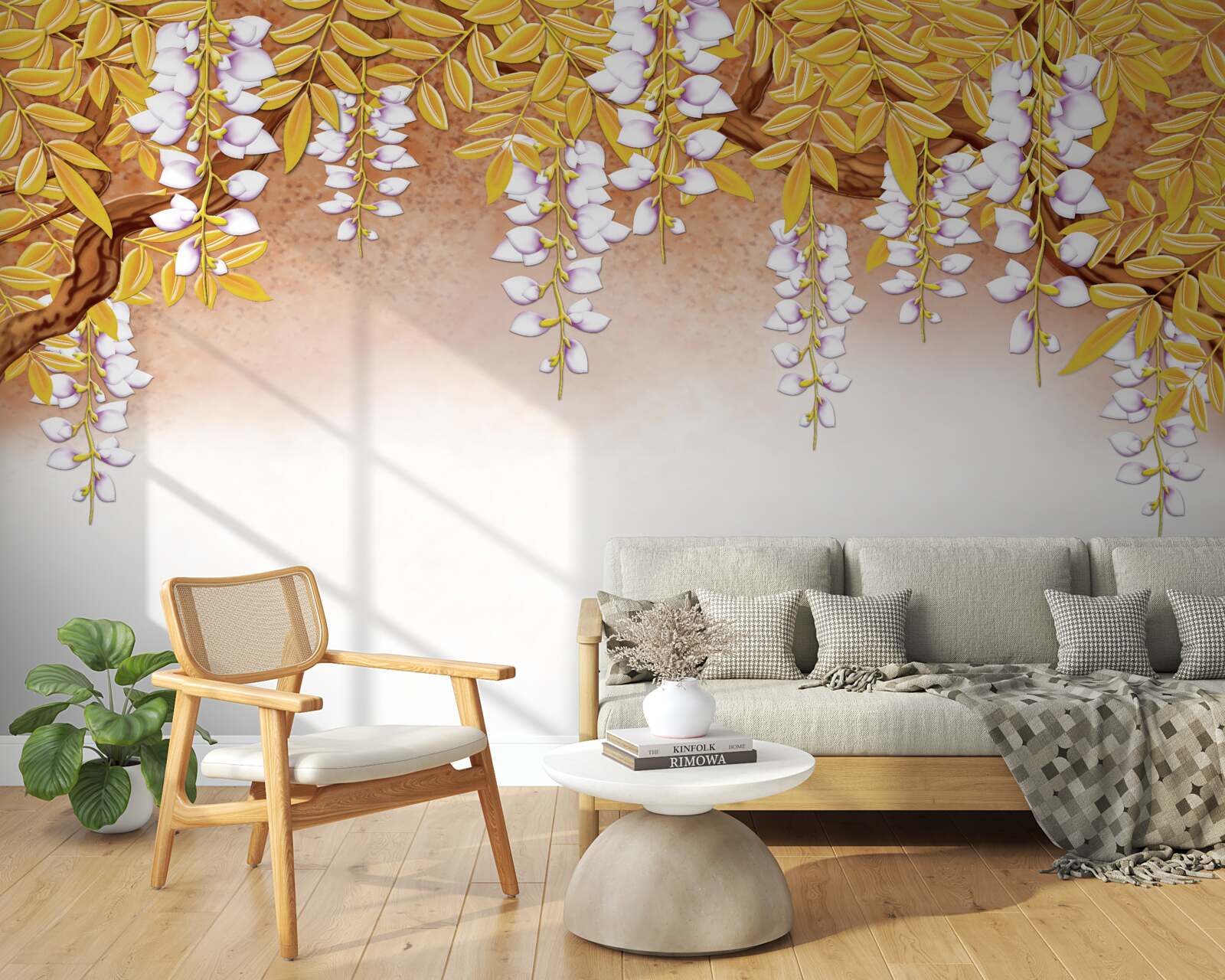 Fototapet reflecție de frunze galbene și flori albe