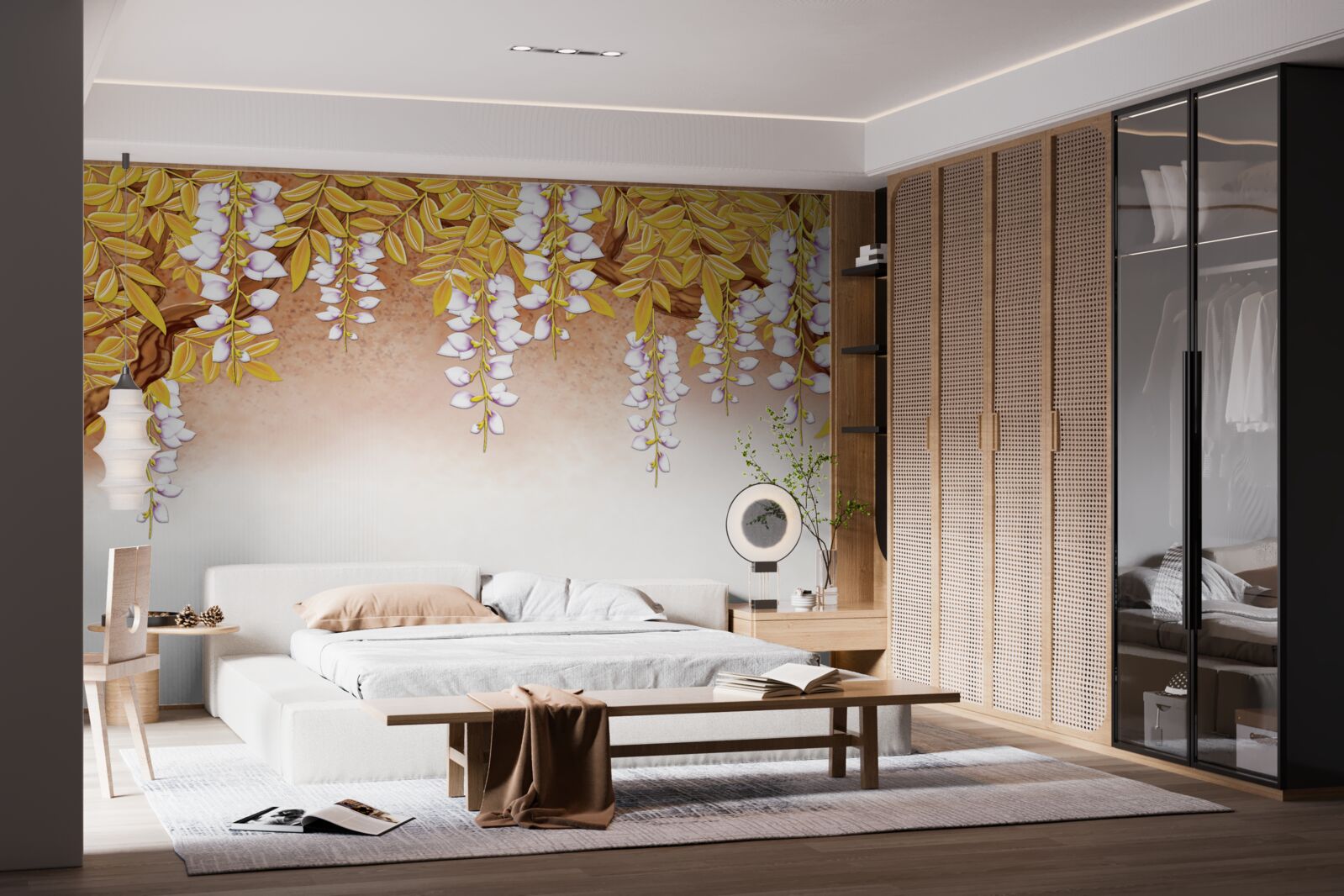 Fototapet reflecție de frunze galbene și flori albe