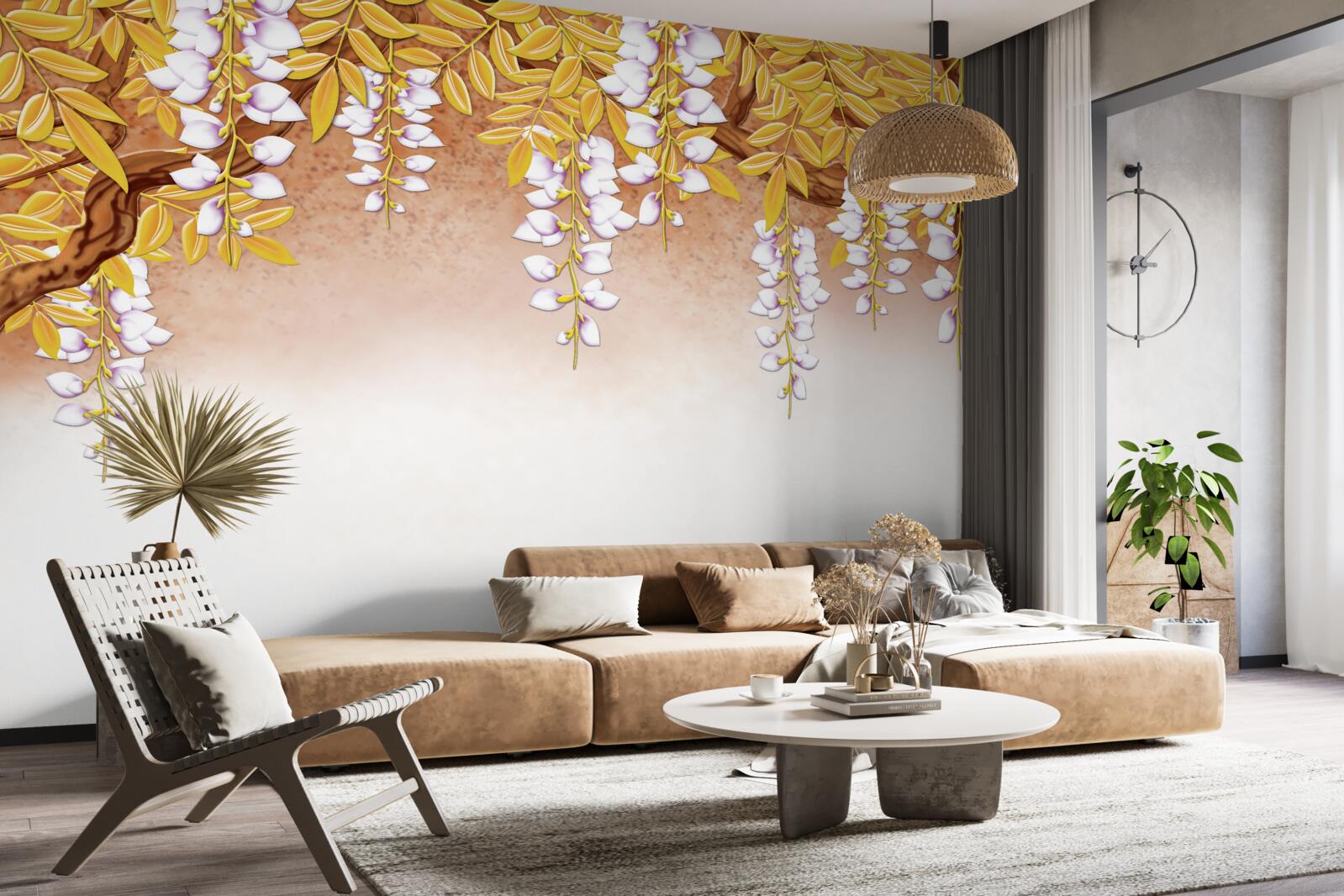 Fototapet reflecție de frunze galbene și flori albe