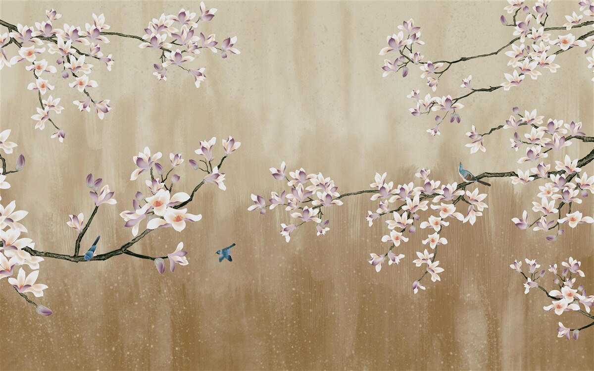 Fototapet flori înflorite, aducând bucurie păsărilor