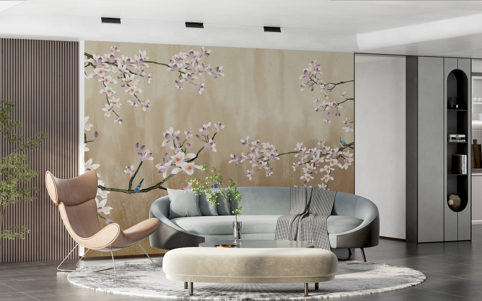 Fototapet flori înflorite, aducând bucurie păsărilor