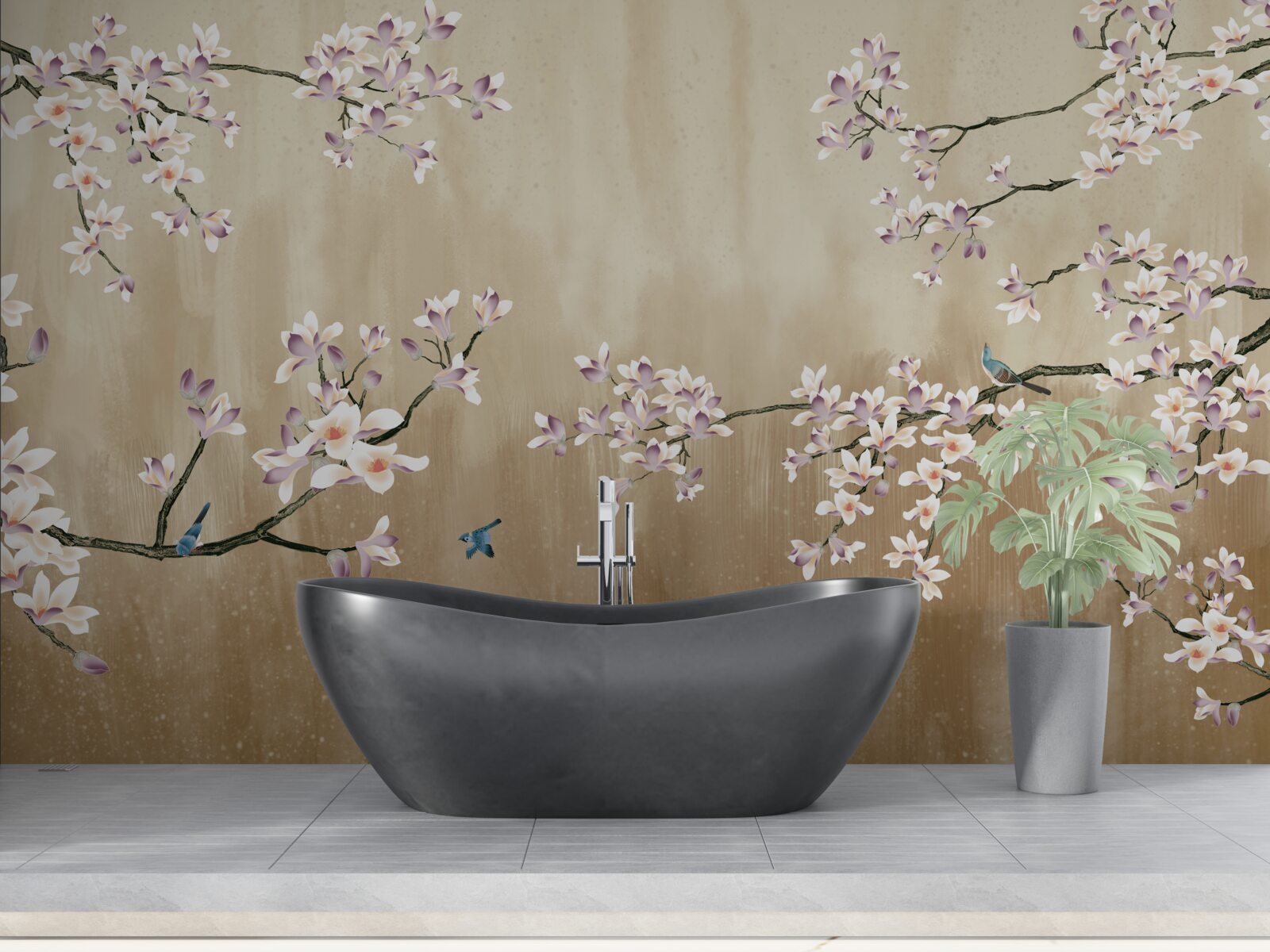 Fototapet flori înflorite, aducând bucurie păsărilor