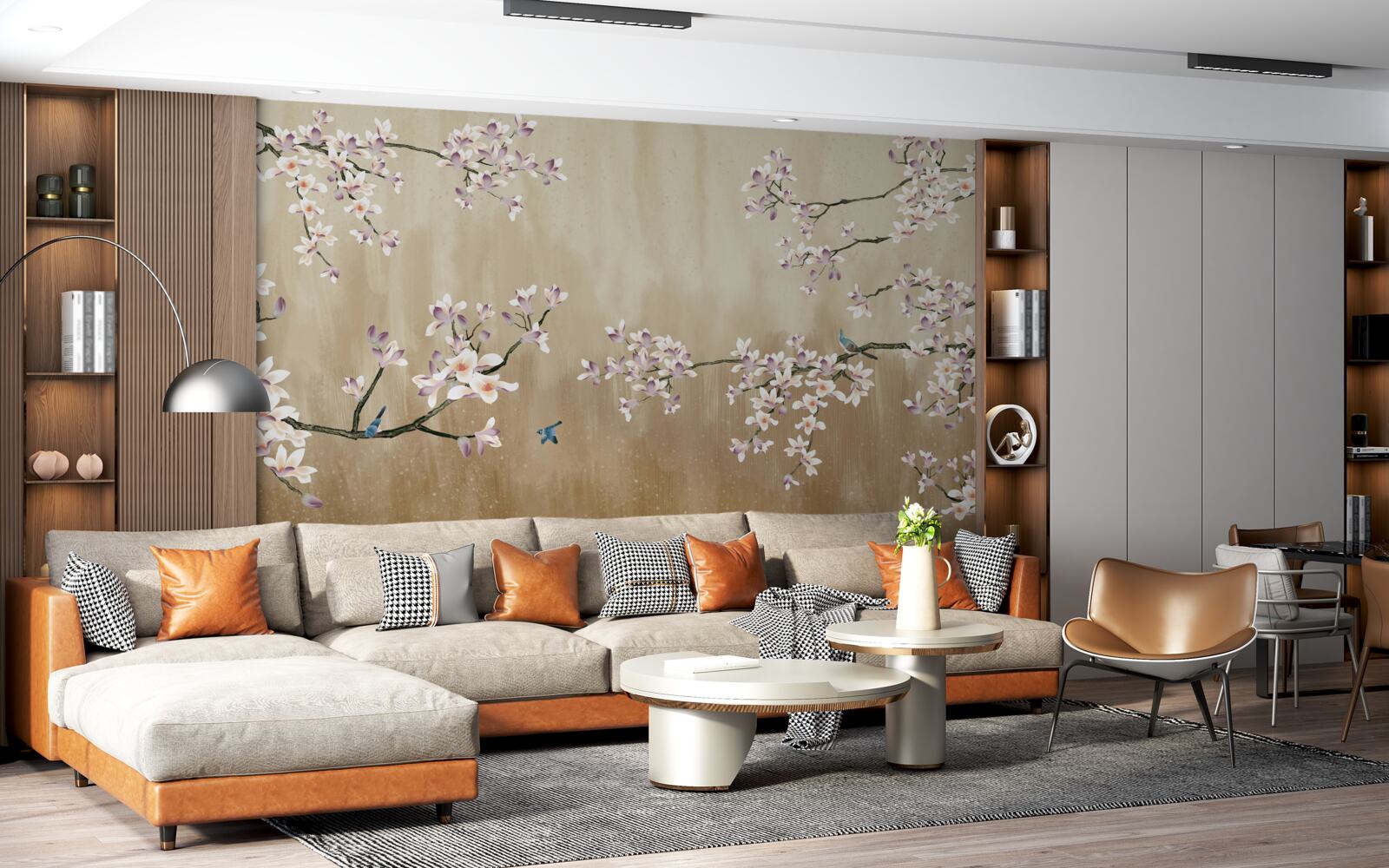 Fototapet flori înflorite, aducând bucurie păsărilor