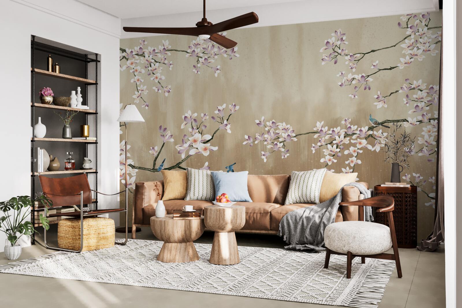 Fototapet flori înflorite, aducând bucurie păsărilor