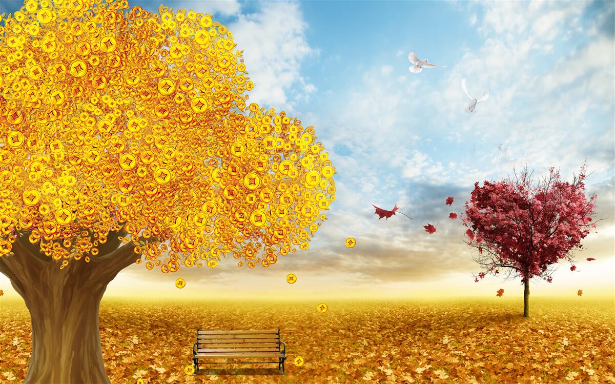 Fototapet nuanțe vibrante de frunze de toamnă pe un cer albastru