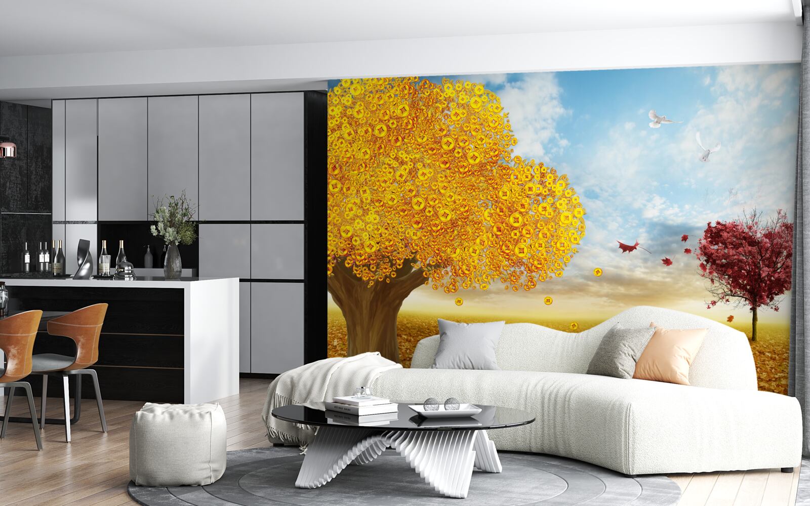 Fototapet nuanțe vibrante de frunze de toamnă pe un cer albastru