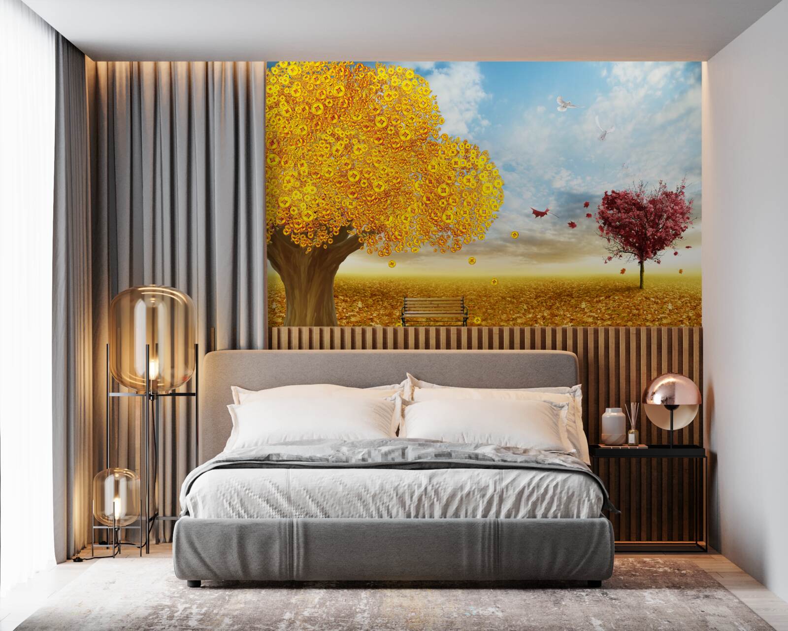 Fototapet nuanțe vibrante de frunze de toamnă pe un cer albastru