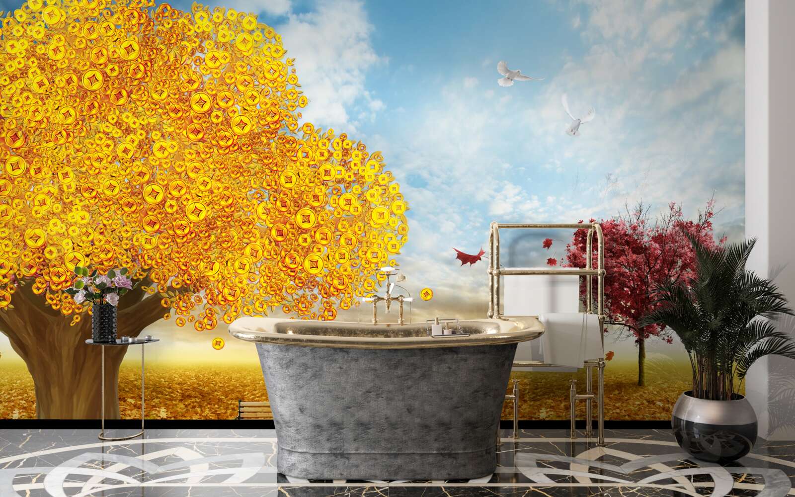 Fototapet nuanțe vibrante de frunze de toamnă pe un cer albastru