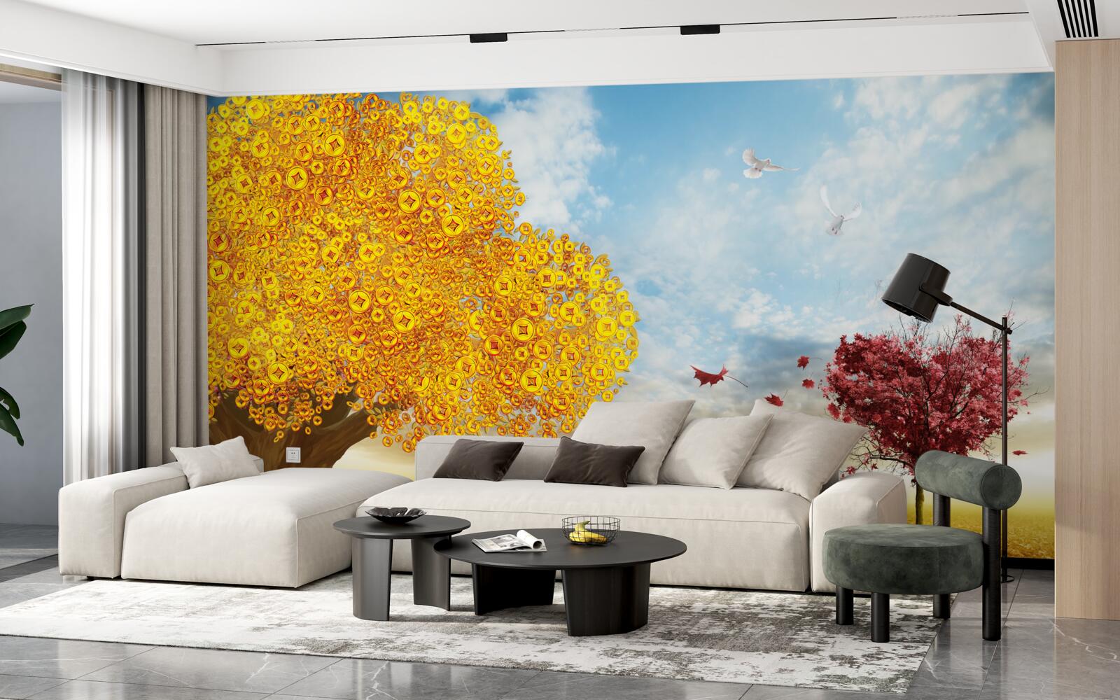 Fototapet nuanțe vibrante de frunze de toamnă pe un cer albastru