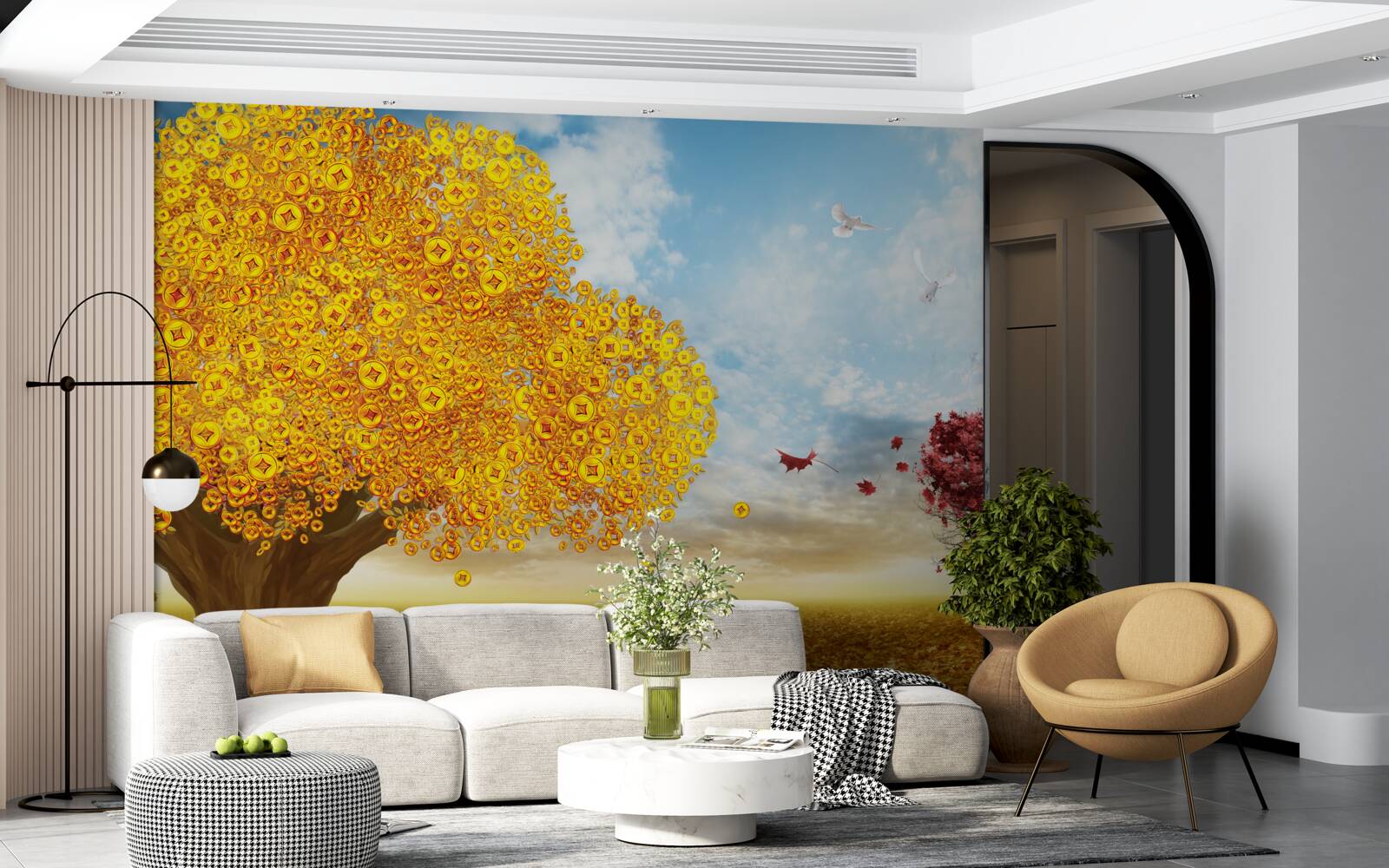 Fototapet nuanțe vibrante de frunze de toamnă pe un cer albastru