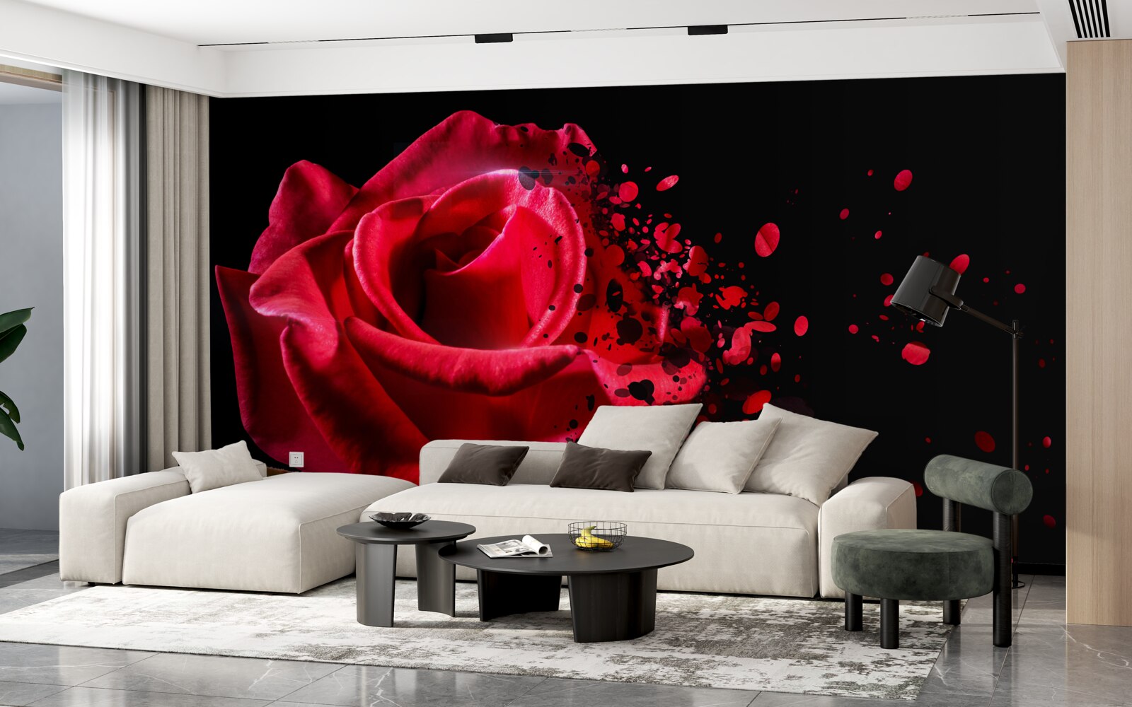 Fototapet flori de trandafir roșu pe un fundal negru