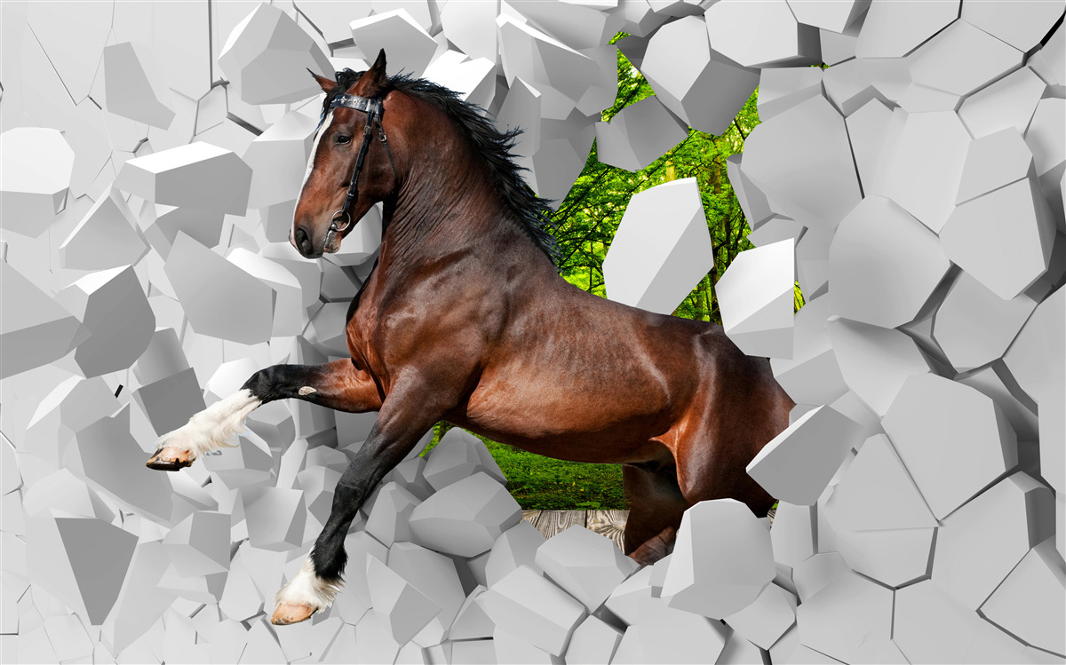 Fototapet calul maro depășește obstacolul zidului