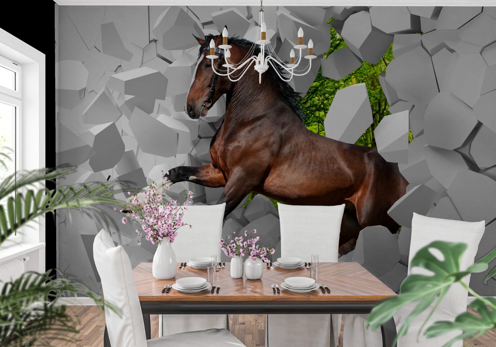 Fototapet calul maro depășește obstacolul zidului