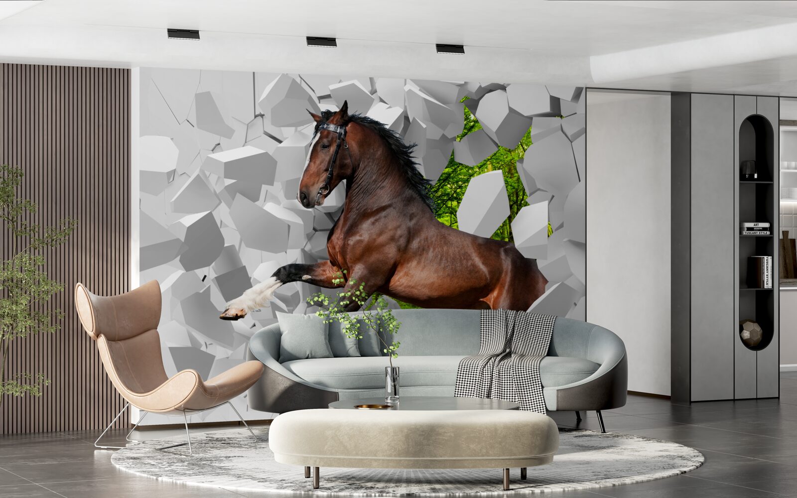 Fototapet calul maro depășește obstacolul zidului