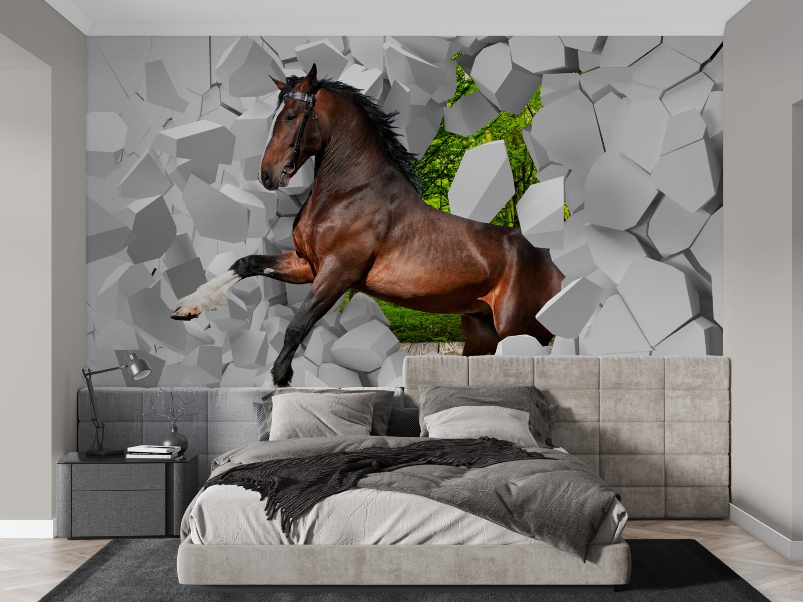Fototapet calul maro depășește obstacolul zidului