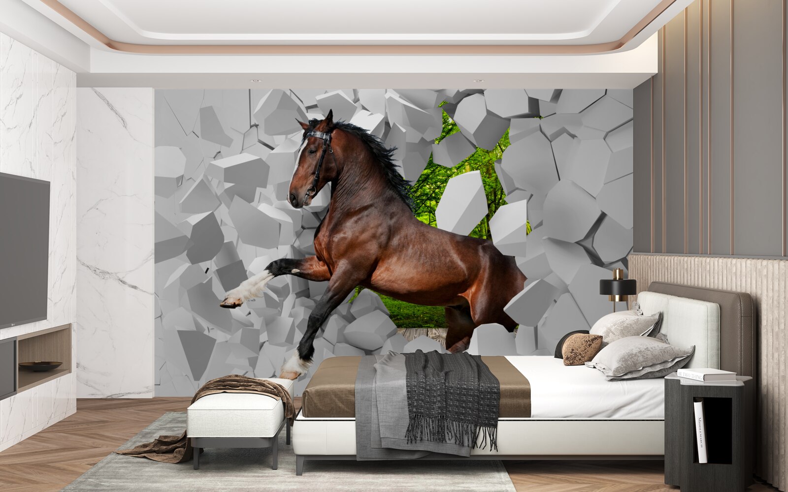 Fototapet calul maro depășește obstacolul zidului