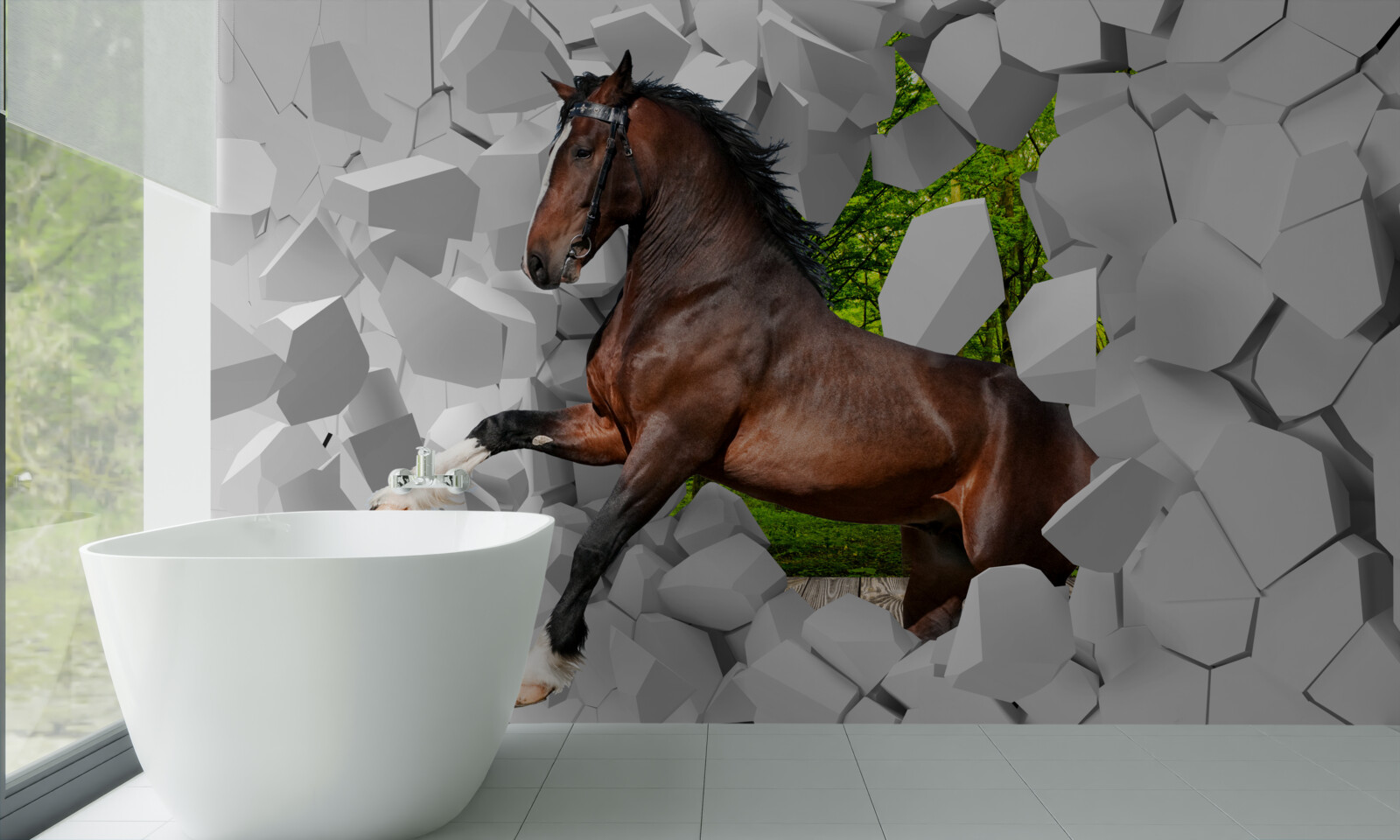 Fototapet calul maro depășește obstacolul zidului