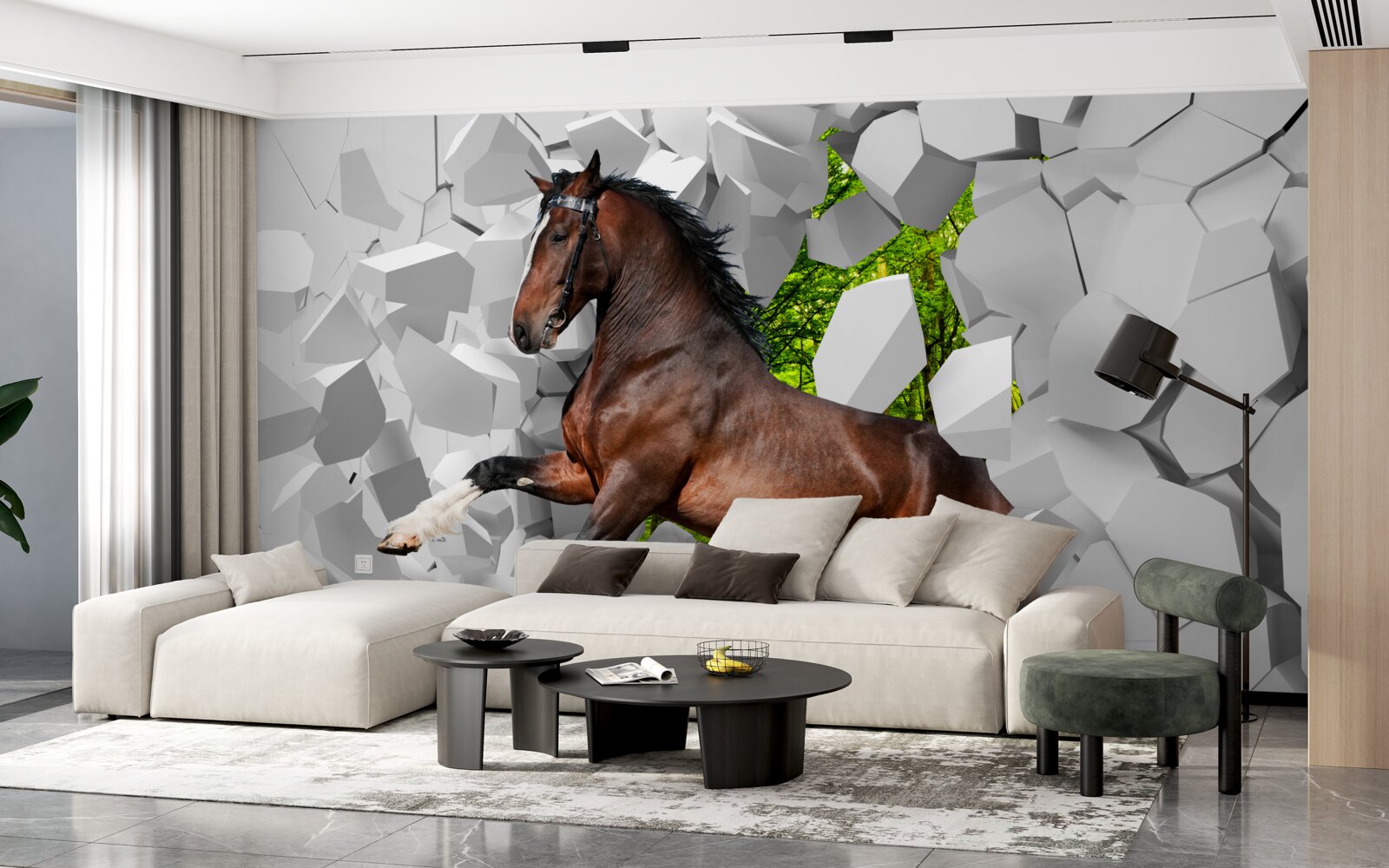 Fototapet calul maro depășește obstacolul zidului