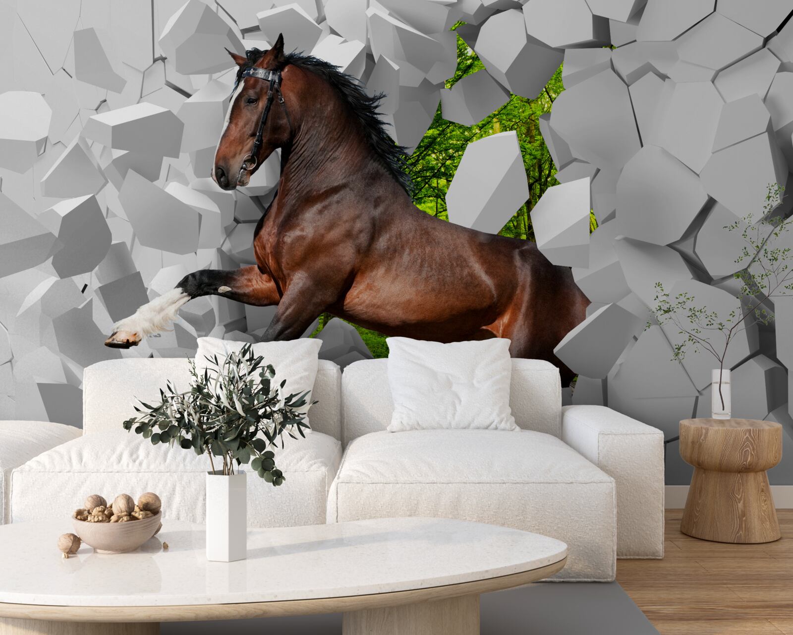 Fototapet calul maro depășește obstacolul zidului
