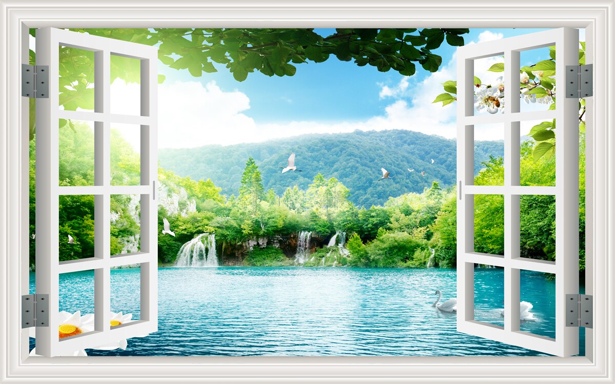 Fototapet fereastra dă spre un lac în care curg cascade