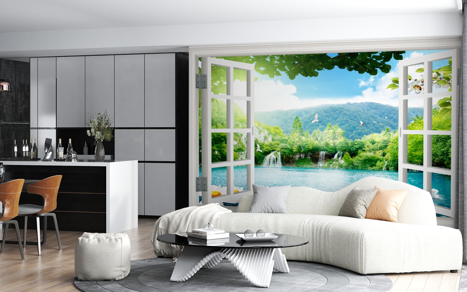 Fototapet fereastra dă spre un lac în care curg cascade