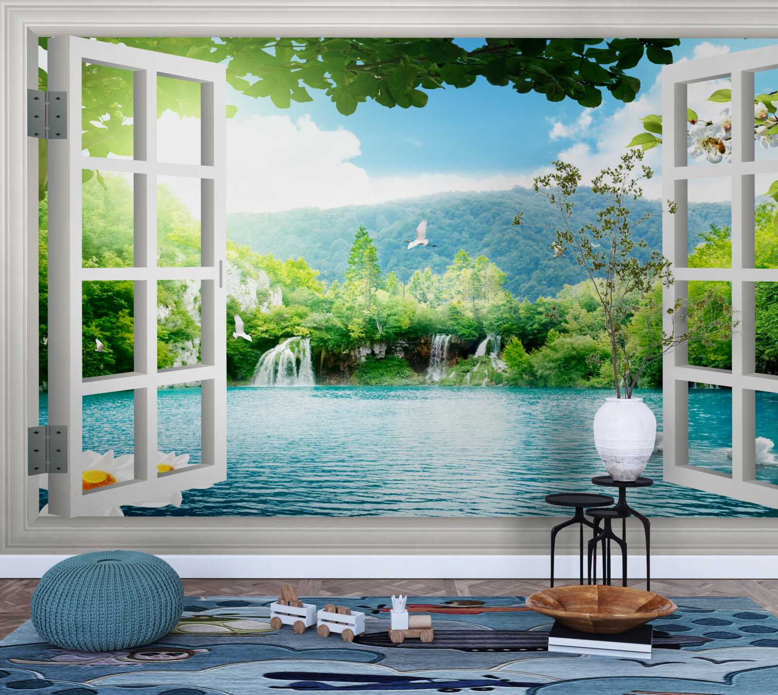 Fototapet fereastra dă spre un lac în care curg cascade