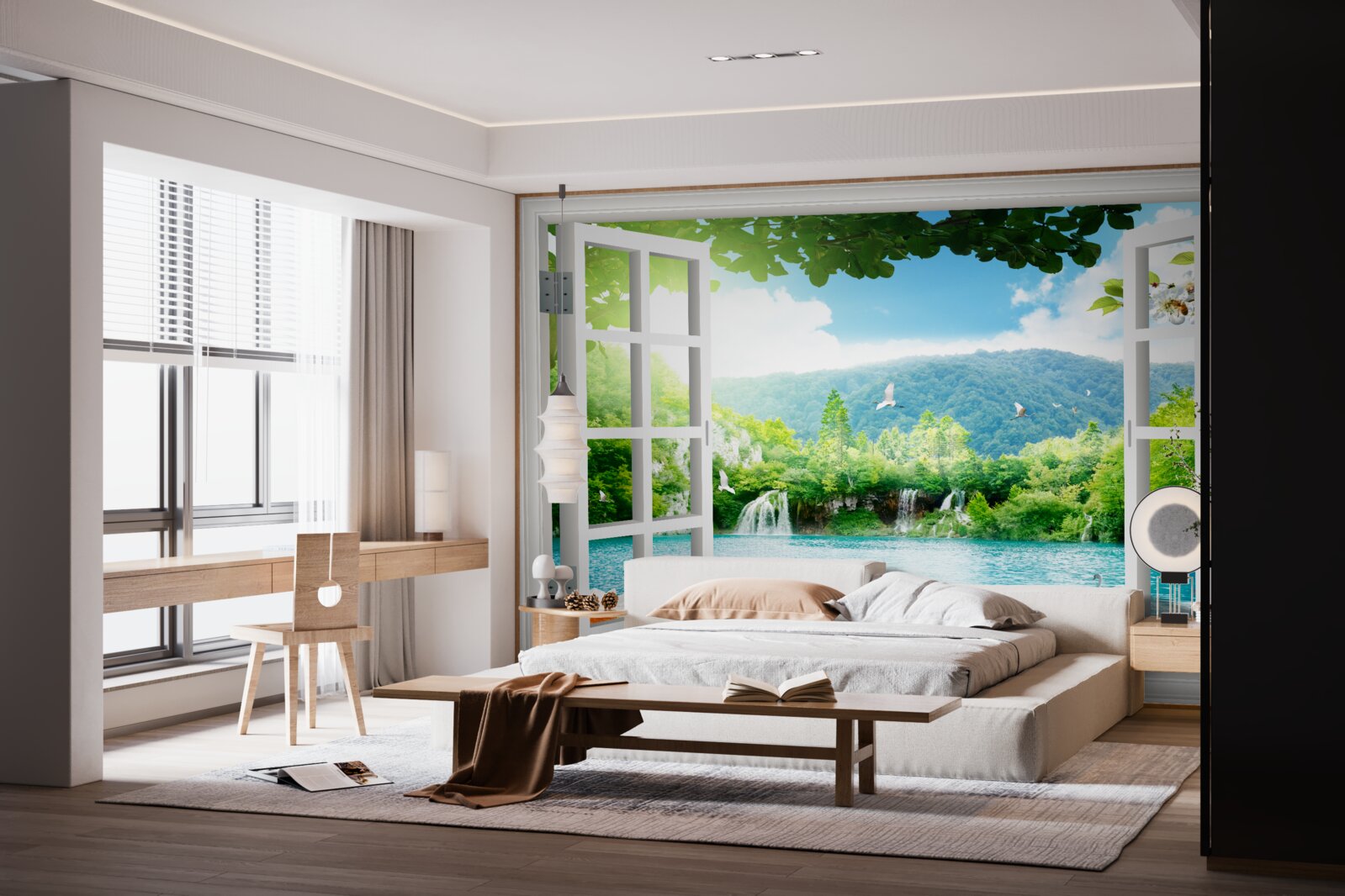 Fototapet fereastra dă spre un lac în care curg cascade