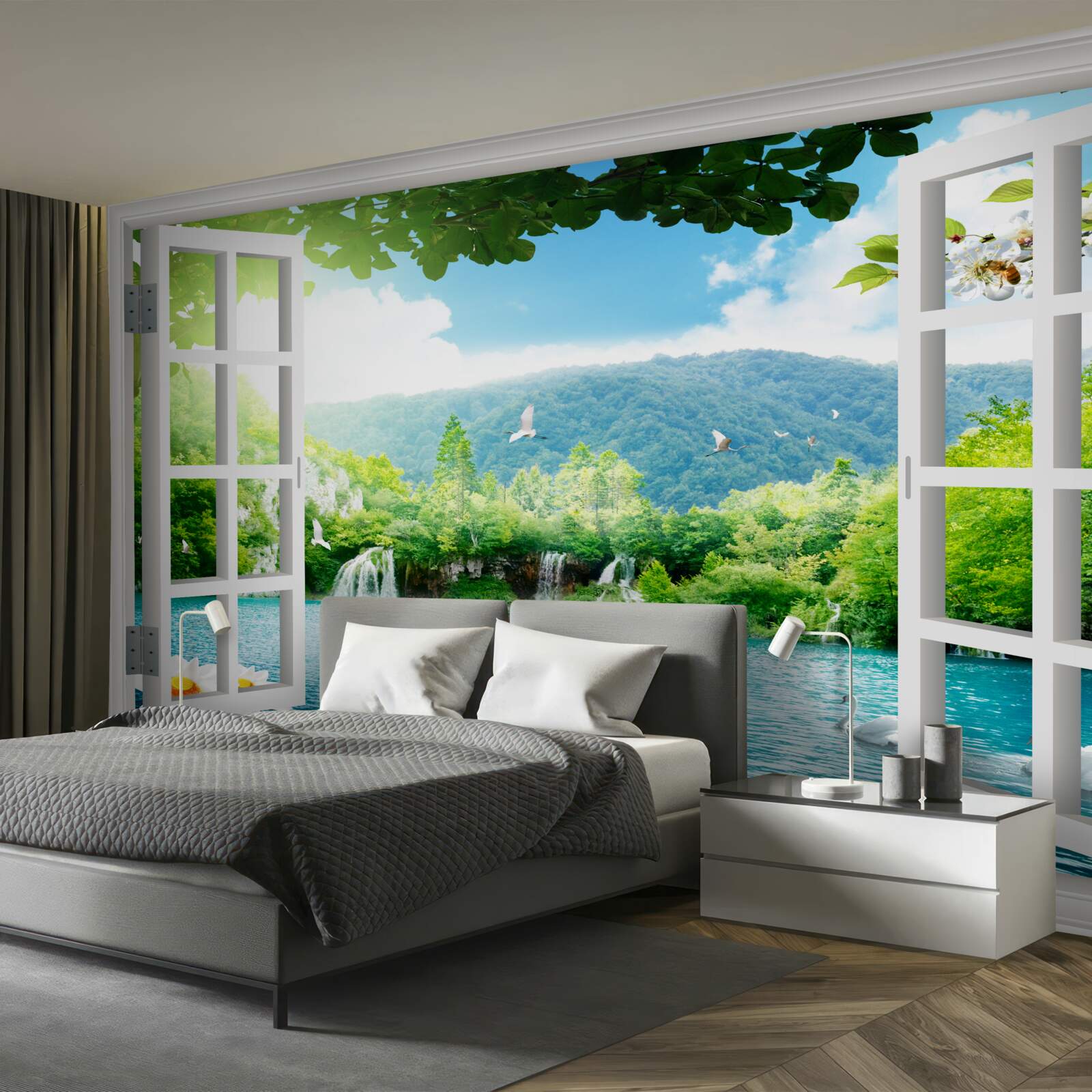 Fototapet fereastra dă spre un lac în care curg cascade