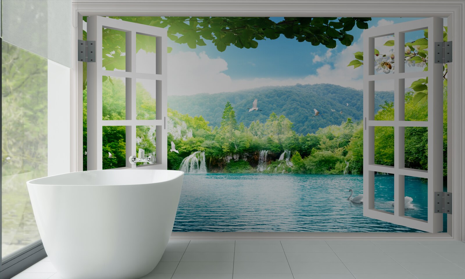Fototapet fereastra dă spre un lac în care curg cascade