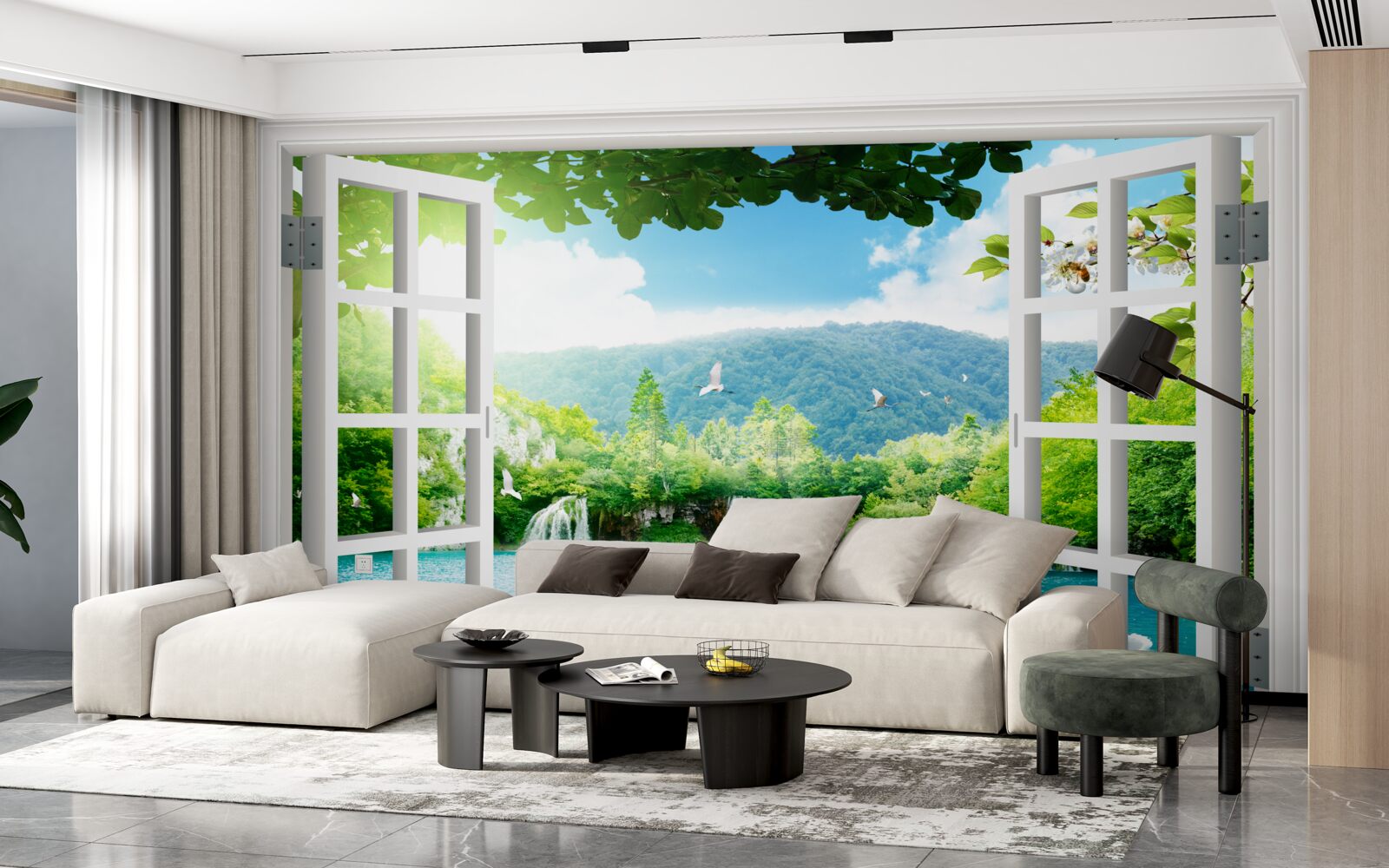 Fototapet fereastra dă spre un lac în care curg cascade