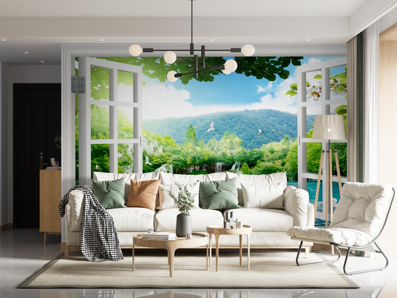 Fototapet fereastra dă spre un lac în care curg cascade