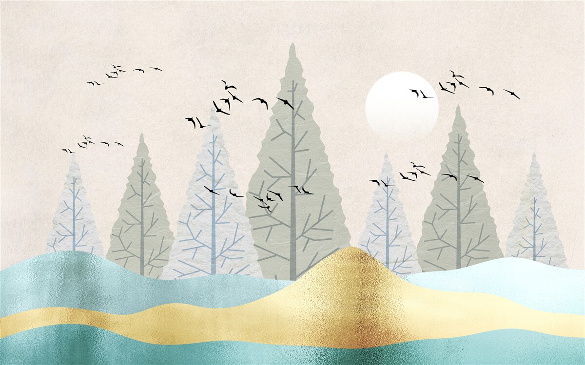 Fototapet păsări zburând deasupra pădurii la apus de soare