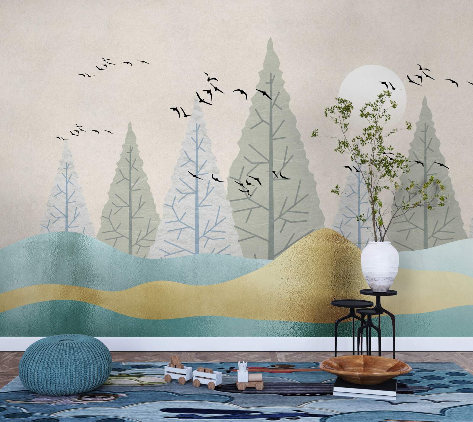 Fototapet păsări zburând deasupra pădurii la apus de soare