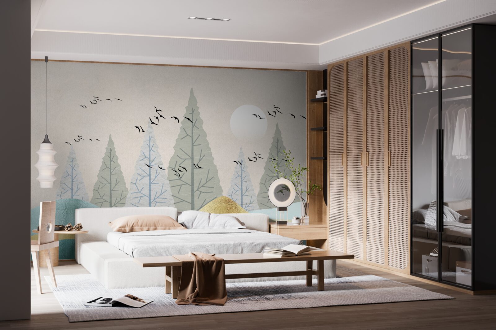 Fototapet păsări zburând deasupra pădurii la apus de soare