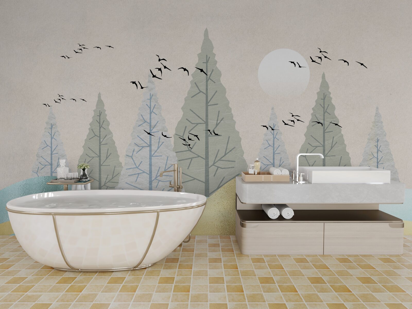 Fototapet păsări zburând deasupra pădurii la apus de soare