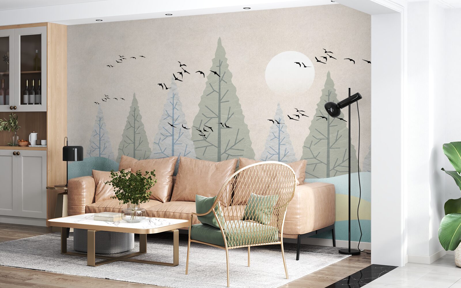 Fototapet păsări zburând deasupra pădurii la apus de soare