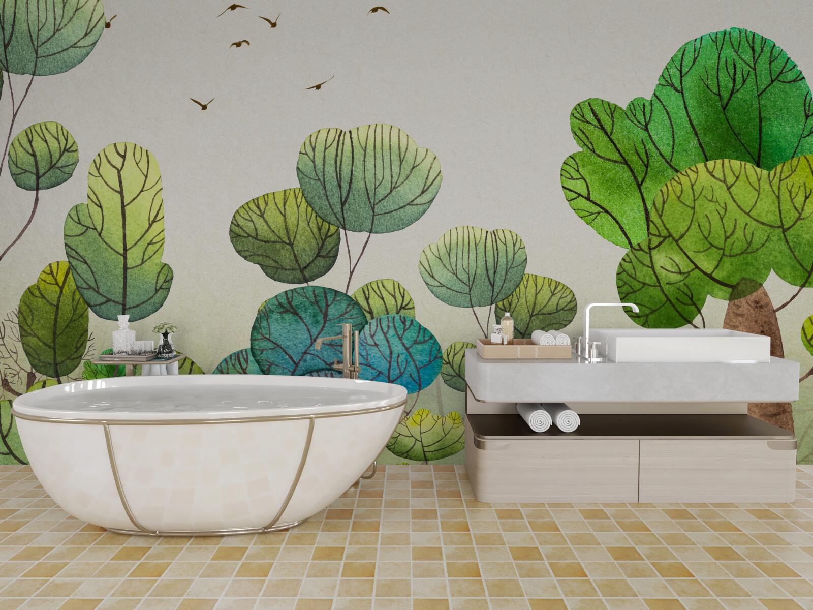 Fototapet copaci pictați în acuarelă