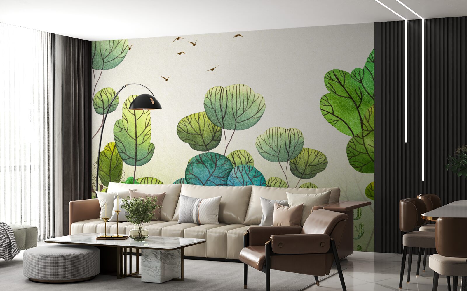 Fototapet copaci pictați în acuarelă