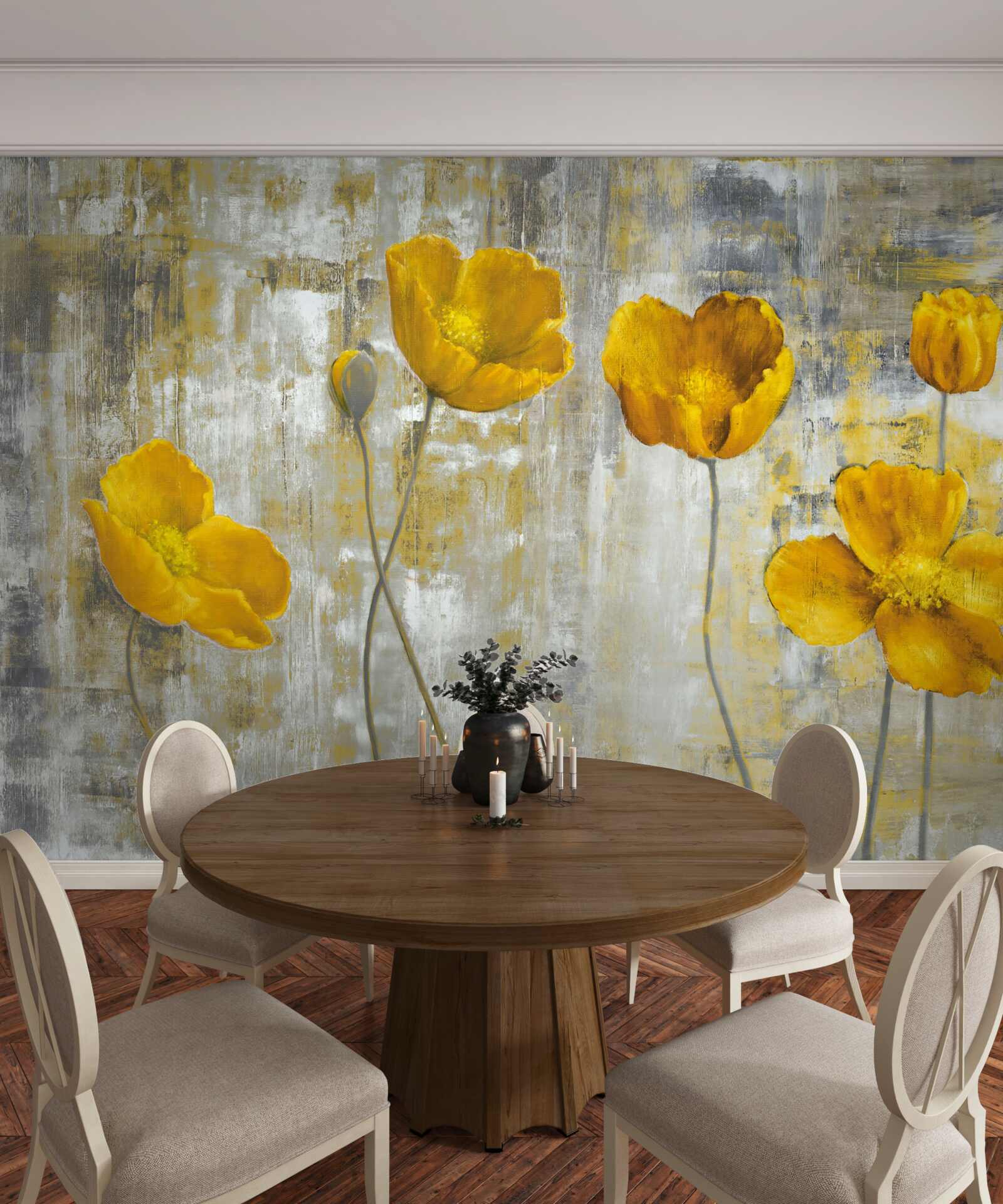 Fototapet tulpinile subțiri sunt decorate cu flori galbene