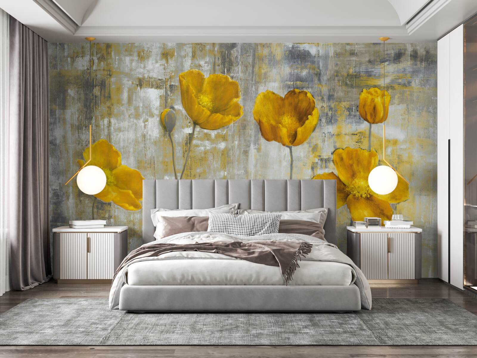 Fototapet tulpinile subțiri sunt decorate cu flori galbene