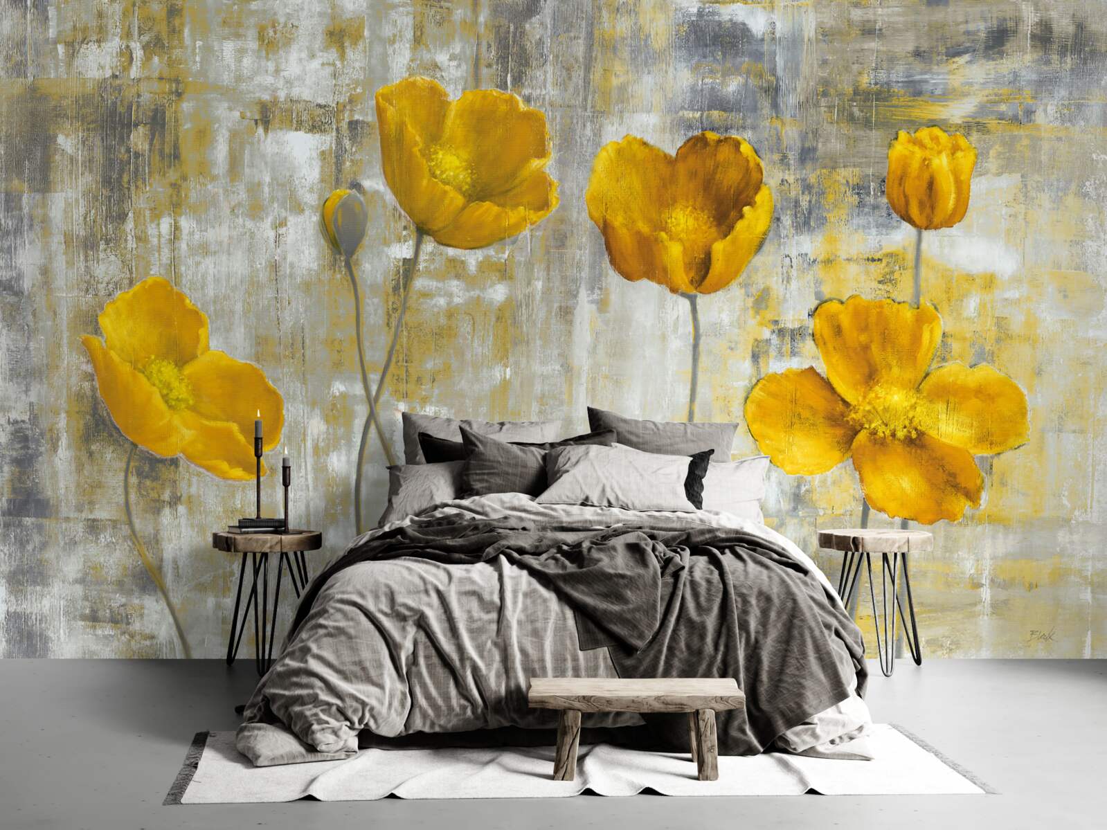 Fototapet tulpinile subțiri sunt decorate cu flori galbene